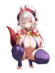  1girl absurdres bikini blush breasts bridal_legwear chain cleavage closed_mouth cross-shaped_pupils cuffs double_v dragon_girl dragon_horns dragon_tail full_body grey_hair hair_intakes hands_up heart-shaped_lock high_ponytail highres horns keibeam large_breasts lock long_hair looking_at_viewer multiple_horns nail_polish navel original padlock padlocked_collar pointy_ears ponytail purple_bikini red_eyes red_horns red_nails shiny_skin simple_background skindentation smile solo squatting stirrup_legwear swimsuit symbol-shaped_pupils tail toeless_legwear toenail_polish toenails toes v white_background 