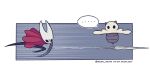  ... 1girl arthropod_girl black_eyes black_skin blank_eyes cloak colored_skin commentary english_commentary failure full_body gameplay_ability gameplay_mechanics highres hollow_eyes hollow_knight hollow_knight:_silksong horned_mask hornet_(hollow_knight) horns mask motion_lines needle_(hollow_knight) oru_(0ruru_0ru95) red_cloak speech_bubble spoken_ellipsis truth twitter_username weapon 