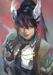  1girl black_collar black_hair black_necktie blue_streaks blurry blurry_background brown_cardigan cardigan collar earrings gloves gold_earrings headgear high_ponytail hungry_clicker jewelry kunimitsu_ii light_smile logo long_hair looking_to_the_side mole mole_under_mouth multicolored_hair necktie nose ponytail purple_eyes purple_hair red_lips red_streaks shirt sidelocks smile solo streaked_hair tekken tekken_8 upper_body white_shirt 