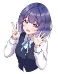  1girl blue_ribbon blue_vest blush collared_shirt commentary_request cropped_torso finger_counting gakuen_idolmaster hands_up hataya_misuzu hatsuboshi_gakuen_school_uniform highres idolmaster long_sleeves looking_at_viewer mole mole_under_mouth neck_ribbon open_mouth purple_eyes purple_hair ribbon school_uniform shinouzip shirt short_hair simple_background smile solo vest white_background white_shirt 