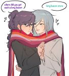  2girls absurdres asahina_mafuyu black_jacket blue_eyes blue_hair blush commentary english_commentary english_text grey_jacket hair_between_eyes hand_on_another's_waist heart highres hinomori_shizuku holding_hands jacket lesbian_flag_scarf long_hair long_sleeves looking_at_another mizshimaf mole mole_under_mouth multiple_girls open_mouth parted_lips ponytail project_sekai purple_eyes purple_hair scarf shared_clothes shared_scarf sidelocks simple_background smile speech_bubble upper_body white_background yuri 