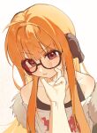  1girl ahoge black_eyes black_tank_top blunt_bangs blush blush_stickers collarbone commentary fur-trimmed_jacket fur_trim glasses green_jacket hands_on_another's_cheeks hands_on_another's_face highres jacket long_hair looking_at_viewer name_reum orange_hair persona persona_5 pout pov pov_hands sakura_futaba shirt solo tank_top untranslatable_commentary upper_body white_background white_shirt 