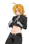 1boy bara belt blonde_hair blush braid braided_ponytail commentary_request cowboy_shot edward_elric fullmetal_alchemist gloves highres jacket korean_commentary layered_clothes lifting_own_clothes long_sleeves looking_at_viewer male_focus navel navel_focus signature solo sweat white_background xyynwlwsbc yellow_eyes 