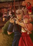  3boys 3girls absurdres arm_up armor arms_up arrow_(projectile) asymmetrical_legwear black_armor bow_(weapon) brown_hair commentary drawing_bow english_commentary fire_emblem fire_emblem_fates grey_hair hairband hana_(fire_emblem) hand_up haori highres hinoka_(fire_emblem) holding holding_bow_(weapon) holding_polearm holding_weapon japanese_clothes kimono la-horrorosa long_hair multiple_boys multiple_girls naginata orange_eyes pink_eyes pink_hair polearm red_hair red_haori red_trim ryoma_(fire_emblem) sakura_(fire_emblem) sandals siblings sidelocks subaki_(fire_emblem) takumi_(fire_emblem) training weapon white_armor white_hairband white_kimono wide_sleeves 