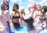  6+girls alternate_costume arms_under_breasts azur_lane bikini black_bikini black_hair black_headband black_swimsuit blue_sky blue_wristband breasts brown_hair cleavage cloud cowboy_shot cross-laced_bikini cross-laced_clothes duca_degli_abruzzi_(azur_lane) duca_degli_abruzzi_(lustrous_onyx_sirenetta)_(azur_lane) eyewear_on_head friedrich_der_grosse_(azur_lane) frilled_hairband frills georgia_(azur_lane) georgia_(lanier_swan)_(azur_lane) hair_over_one_eye hairband headband highres horns large_breasts long_hair maid_bikini massachusetts_(azur_lane) multi-strapped_bikini multiple_girls official_alternate_costume orange_eyes partially_submerged pink_eyes pink_hair pool prosthesis prosthetic_arm prosthetic_hand sheer_legwear shiroshisu short_hair sky south_dakota_(azur_lane) star-shaped_eyewear swiftsure_(azur_lane) swiftsure_(midsummer_special_service)_(azur_lane) swimsuit two-tone_bikini white_bikini white_hair yellow_eyes 