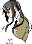 1girl absurdres black_hair brown_sweater closed_mouth collared_shirt commentary_request cropped_torso highres k-on! looking_at_viewer nakano_azusa neck_ribbon red_ribbon ribbon shirt solo suzuo_(zuo) sweater twintails upper_body white_shirt 