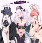  3girls alternate_breast_size_(larger) bikini black_hair black_halo blue_archive breasts character_request commentary covered_nipples dishwasher1910 english_commentary grey_eyes grey_halo halo highres hina_(blue_archive) horns kisaki_(blue_archive) multiple_girls narrow_waist navel petite pink_background purple_eyes red_eyes red_hair red_slingshot_swimsuit simple_background slingshot_swimsuit small_breasts swimsuit thong thong_bikini white_hair 