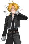  !? 1boy blonde_hair blush braid braided_ponytail cowboy_shot edward_elric fullmetal_alchemist gloves hand_on_own_face heart highres jacket layered_clothes long_sleeves looking_at_viewer male_focus solo spoken_interrobang sweat watermark xyynwlwsbc yellow_eyes 