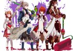  2boys 2girls armor brown_hair cloak commentary_request fire_emblem fire_emblem_fates full_body gold_trim grey_hair hairband hinoka_(fire_emblem) holding_paint_roller multiple_boys multiple_girls paint paint_roller pink_hair red_armor red_hair red_trim rem_(eyes_410) ryoma_(fire_emblem) sakura_(fire_emblem) standing takumi_(fire_emblem) white_armor white_background white_cloak white_hairband 