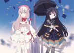  2girls arcaea beret bib_collar black_bow black_bowtie black_dress black_hair black_pantyhose black_umbrella blue_corset blue_eyes bow bowtie capelet carnation collar commentary_request corset cowboy_shot dress flower frilled_collar frilled_dress frilled_dress_collar frilled_skirt frilled_sleeves frilled_thigh_strap frills gem_hat_ornament goth_fashion gothic_lolita hair_flower hair_ornament hair_ribbon hat hat_ribbon highres hikari_(arcaea) hikari_(fracture)_(arcaea) holding holding_umbrella layered_dress lolita_fashion long_hair long_sleeves multiple_girls pantyhose pink_carnation pink_flower pleated_capelet puffy_sleeves red_bow red_bowtie red_hat ribbon skirt tairitsu_(arcaea) tairitsu_(grievous_lady)_(arcaea) thigh_strap thighhighs tk0_mn two-tone_bow umbrella very_long_hair white_dress white_flower white_hair white_thighhighs 