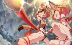  2girls animal_ear_fluff animal_ears animal_print black_hair blonde_hair blush bow bowtie brown_hair cat_ears cat_girl cat_tail cellien_(kemono_friends) china_dress chinese_clothes circlet commentary_request dhole_(kemono_friends) dress elbow_gloves extra_ears flower gloves gold_circlet grin hair_flower hair_ornament holding holding_weapon kemono_friends leggings leotard mcgunngu multicolored_leotard multiple_girls official_alternate_costume open_mouth orange_leotard outdoors ribbon serval_(kemono_friends) shoes short_hair sleeveless smile sunrise_stance tail weapon wolf_ears wolf_girl wolf_tail yellow_eyes 