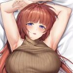 1girl ahoge armpits arms_up blue_eyes breasts brown_hair brown_sweater chinese_commentary cropped dakimakura_(medium) embarrassed eyebrows_visible_through_hair from_above furrowed_brow hair_down large_breasts long_hair looking_at_viewer lying lyrical_nanoha mahou_shoujo_lyrical_nanoha_strikers maskwolf on_back open_mouth ribbed_sweater sample sleeveless sleeveless_sweater sleeveless_turtleneck solo sweat sweatdrop sweater takamachi_nanoha turtleneck turtleneck_sweater upper_body 