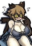  2026 absurd_res alternate_costume anthro armwear bangs bedroom_eyes big_breasts bikini black_nose blush blush_lines bodily_fluids breasts breath brown_clothing brown_ears brown_eyewear brown_gloves brown_goggles brown_hair brown_handwear brown_tail cel_shading cleavage clothed clothing crooked_tail crooked_whiskers cybernetic_arm cybernetic_limb cybernetics cyborg dark_clothing dark_ears dark_gloves dark_handwear dark_tail detached_sleeves digital_media_(artwork) domestic_cat ear_piercing embarrassed eyewear felid feline felis female flying_sweatdrops freckled_chest freckled_face freckles gameoverse glasses glitch_productions gloves goggles grey_bikini grey_clothing grey_swimwear hair half-closed_eyes handwear hatching_(art) hi_res high-angle_view leather leather_clothing leather_gloves leather_handwear light_body light_hair light_skin looking_at_viewer machine mammal messy_hair mrglasses2255 narrowed_eyes nervous nervous_smile notched_ear one_fang open_mouth open_smile piercing scratch_(gameoverse) scratching scratching_face scratching_head seductive shaded short_hair side_bangs simple_background sitting sitting_on_object smile soft_shading solo string_bikini sweat sweatdrop swimwear tail tan_body thick_thighs tinted_glasses two-piece_swimsuit white_background wide_hips 