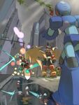  3boys absurdres android arm_cannon armor black_eyes black_gloves blonde_hair blue_armor blue_eyes blue_helmet chibi city commentary_request derivative_work dynamic_pose energy_sword fingerless_gloves forehead_jewel full_body gloves glowing_muzzle green_eyes helmet highres holding holding_sword holding_weapon light_trail long_hair male_focus mega_man_(series) mega_man_x_(series) mega_man_zero_(series) mega_man_zero_1 multiple_boys multiple_views omochi_(mochi_skymega) puddle red_armor red_helmet simple_background sword weapon x_(mega_man) z_saber zero(z)_(mega_man) zero_(mega_man) 