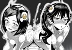  1boy 2girls :3 ahoge araragi_karen araragi_tsukihi bakemonogatari blush breasts bright_pupils buttjob collarbone commentary completely_nude cooperative_buttjob cum egg_hair_ornament ejaculation ffm_threesome food-themed_hair_ornament greyscale group_sex hair_between_eyes hair_ornament highres implied_incest kunitoro_(artist) looking_at_viewer medium_breasts monochrome monogatari_(series) multiple_girls naughty_face nipples nose_blush nude open_mouth penis pov projectile_cum seductive_smile short_hair side_ponytail smile swept_bangs teamwork_(sexual) textless_version threesome uncensored 