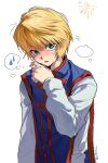  1boy androgynous blonde_hair blue_tabard clerical_collar green_eyes highres hunter_x_hunter kurapika layered_clothes long_sleeves looking_at_viewer male_focus open_mouth solo spoken_sweatdrop sweat sweatdrop tabard white_background xyynwlwsbc 