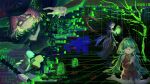  3girls black_dress black_hat breasts brown_dress dress evil_smile glitch green_background green_eyes green_hair hat highres holding holding_lantern lantern leenarie long_hair medium_breasts multiple_girls osu! own_hands_clasped own_hands_together pink_hair praying scared shaded_face sitting smile taut_clothes taut_dress witch witch_hat 