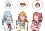  6+girls ^_^ ahoge arm_at_side blue_hair blue_ribbon blush breasts brown_hair cardigan closed_eyes collared_shirt commentary_request crossed_arms dot_nose double_bun facing_viewer gakuen_idolmaster green_eyes grey_hair grey_shirt hair_between_eyes hair_bun hair_ribbon hanami_saki hanami_ume hatsuboshi_gakuen_school_uniform highres hinomori_shiho hinomori_shizuku idolmaster index_finger_raised jacket konoe_haruka konoe_kanata lapels large_breasts long_hair long_sleeves love_live! love_live!_nijigasaki_high_school_idol_club medium_breasts miyamasuzaka_girls'_academy_school_uniform mole mole_under_mouth multiple_girls neck_ribbon neckerchief nijigasaki_school_uniform notched_lapels open_cardigan open_clothes open_mouth pink_jacket project_sekai red_hair red_neckerchief ribbon sailor_collar school_uniform serafuku shirt siblings sidelocks simple_background single_hair_bun sisters sleeves_past_wrists small_breasts smile spoken_character syoma_(1026syoma) twintails two_side_up upper_body v-shaped_eyebrows wavy_hair white_background white_cardigan white_sailor_collar white_shirt yellow_cardigan yellow_ribbon 