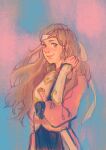  1girl arm_guards armor brown_eyes brown_hair closed_mouth dvrtrblhr fire_emblem fire_emblem_fates gold_trim hana_(fire_emblem) hand_up headband japanese_armor japanese_clothes long_hair looking_at_viewer samurai solo unfinished upper_body white_armor white_headband 