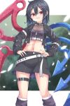  1girl alternate_costume asymmetrical_wings belt belt_collar black_collar black_hair black_jacket black_skirt blue_hair blue_nails blue_wings bra breasts collar colored_inner_hair commentary_request contemporary cropped_jacket falling_petals fang feet_out_of_frame hair_between_eyes hair_ornament highres houjuu_nue jacket leg_warmers long_sleeves looking_at_viewer loose_belt midriff multicolored_hair navel open_clothes open_jacket open_mouth petals purple_bra purple_leg_warmers red_eyes red_nails red_wings skin_fang skindentation skirt small_breasts smile solo thigh_belt thigh_strap thighs touhou underwear uumaru white_belt white_petals wings x_hair_ornament 