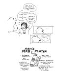  2024 anthro ash_(gaydottiff) black_and_white bodily_fluids canid canine canis clothing dialogue domestic_dog duo electronics english_text eyes_closed female floppy_ears flying_sweatdrops gaydottiff hair hand_behind_head hi_res lemon_demon male mammal monochrome mouse murid murine open_mouth portable_music_player rodent round_ears round_nose shelley_(gaydottiff) shirt simple_background snout speech_bubble sweat sweatdrop t-shirt text topwear trans_(lore) trans_woman_(lore) white_background 