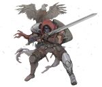  1boy aedel_fakhrie animal_on_shoulder arm_sheath armor bald_eagle bird bird_on_shoulder chain chain_around_arm commentary dagger eagle english_commentary full_body greatsword greaves helmet highres holding holding_sword holding_weapon hood huge_weapon knife knight original pauldrons poleyn red_hood sabaton shield shield_on_back shoulder_armor simple_background single_pauldron solo spread_wings standing sword two-handed_sword visor_(armor) weapon white_background 