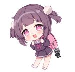  1girl :d backpack bag bag_charm blush brown_hair charm_(object) chibi commentary english_commentary fake_horns fallenshadow fang full_body grey_sailor_collar helmet highres hitsukuya horned_helmet horns indie_virtual_youtuber neckerchief pink_eyes pleated_skirt purple_neckerchief purple_serafuku purple_shirt purple_skirt randoseru sailor_collar school_uniform serafuku shirt shoes simple_background skirt smile solo standing stuffed_toy two_side_up virtual_youtuber white_background white_shoes 