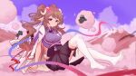  1girl ahoge animal_ears arknights black_skirt blush breasts brown_hair cloud cloudy_sky coat coat_on_shoulders commentary_request dolly_(arknights) eyjafjalla_(arknights) eyjafjalla_the_hvit_aska_(arknights) feet highres horns lab_coat large_breasts long_hair looking_at_viewer mu_lin_di purple_shirt purple_sky red_eyes sheep sheep_ears sheep_girl sheep_horns sheep_tail shirt sidelocks sitting skirt sky tail thigh_strap thighhighs thighs white_coat white_thighhighs 