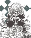  2boys 2girls absurdres apricot_tea_(kururingo) bandage_over_one_eye blueberry_jam_(kururingo) bow cake cake_slice candy_wrapper cape checkerboard_cookie closed_mouth commentary_request cookie cup food fork greyscale hair_bow hairband hands_up hat highres holding holding_knife jam jar knife korean_commentary kururingo lemon_candy_(kururingo) long_hair low_ponytail macaron monochrome multiple_boys multiple_girls ponytail rimi_(2breathswalk_) sidelocks smile sorcerer_(kururingo) sugar_cube teacup teapot thumbprint_cookie tiered_tray toaru_ikka_no_tea_party_(vocaloid) top_hat 