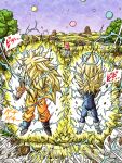  3boys blonde_hair blue_bodysuit blue_boots blue_sash blue_shirt blue_wrist_cuffs bodysuit boots commentary_request dougi dragon_ball dragon_ball_daima dragon_ball_z dust_cloud electricity energy_ball final_flash gloves green_eyes halo highres hiro_(udkod1ezlyi2flo) kamehameha_(dragon_ball) kid_buu long_hair majin_buu male_focus multiple_boys muscular muscular_male powering_up purple_sky sash shirt simple_background sky son_goku spiked_hair super_saiyan super_saiyan_3 tree vegeta white_boots white_gloves wrist_cuffs 
