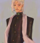  1boy asymmetrical_bangs black_coat blood cherry_earrings coat commentary earrings english_commentary food-themed_earrings gakuran grey_background high_collar jewelry jojo_no_kimyou_na_bouken kakyoin_noriaki long_bangs long_sleeves male_focus nosebleed parted_bangs red_eyes rocacola scarf school_uniform solo stardust_crusaders stole white_hair white_scarf 