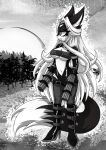  anthro armwear belt_bra boots canid canine canis clothed clothing detailed_background female fishnet_armwear fishnet_clothing fishnet_legwear footwear gatling_gun gun gun_arm hair high_heeled_boots high_heels jackal legwear lena_the_jackal long_hair machine_gun mammal minigun monochrome partially_clothed plant pointy_ears ranged_weapon shoes solo tree weapon weapon_arm yukariasano 