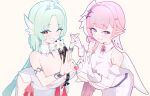  2girls ;) absurdres ahoge asymmetrical_wings breasts chaos_zero_nightmare cleavage commentary diana_(chaos_zero_nightmare) dress english_commentary green_hair hair_ornament heart heart_hands heart_hands_duo heidemarie_(chaos_zero_nightmare) highres interlocked_fingers large_breasts long_hair looking_at_viewer mismatched_wings multiple_girls one_eye_closed pachiki pink_hair pink_wings pointy_ears purple_eyes red_hair short_hair smile star-shaped_pupils star_(symbol) symbol-shaped_pupils underboob very_long_hair white_background white_dress white_wings wings 