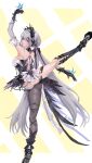  1girl absurdres aimu_(angry9565) alternate_costume arm_up asymmetrical_legwear black_bow black_gloves black_shoes black_socks bow breasts bug butterfly butterfly_on_hand commentary_request detached_sleeves en_pointe from_side full_body gloves grey_hair hair_bow highres kneehighs large_breasts leotard liv_(pgr) long_hair looking_at_viewer looking_to_the_side median_furrow pink_eyes punishing:_gray_raven shoes shoulder_blades sideways_glance single_leg_pantyhose socks solo standing standing_on_one_leg two-tone_background very_long_hair white_background white_leotard 