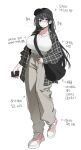  1girl absurdres arrow_(symbol) bag bags_under_eyes black_hair black_hat black_jacket blush breasts casual cellphone collarbone commentary_request full_body grey_pants hat highres holding holding_phone huge_breasts jacket korean_commentary korean_text long_hair looking_at_viewer mask mouth_mask no_pupils open_clothes open_jacket original pants phone pink_shoes plaid_clothes plaid_jacket shirt shirt_tucked_in shoes shoulder_bag simple_background siribang1215 smartphone sneakers solo straight_hair very_long_hair white_background white_mask white_shirt 