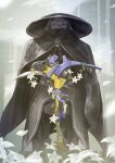  1girl black_cape black_gloves black_hair blaze_reap cape commentary_request conical_hat flower gauntlets gloves grey_hair hair_between_eyes highres kuthi0510 made_in_abyss multicolored_hair outdoors ozen petals pickaxe solo standing two-tone_hair water waterfall whistle white_flower 