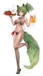  1girl absurdres alcohol animal_ear_fluff animal_ears bare_shoulders beer beer_mug bikini black_bikini breasts brown_bikini burger cup dark-skinned_female dark_skin food full_body green_hair green_tail grin highres holding holding_cup jewelry k_hottok large_breasts looking_at_viewer meat mug navel necklace original plate ponytail red_eyes sandals simple_background smile solo standing standing_on_one_leg swimsuit tail tattoo tribal white_background 