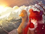  1girl absurdres animal animal_ears bird blush breath brown_coat brown_jacket coat commission fur_trim hair_between_eyes highres jacket k_hottok long_hair long_sleeves looking_at_viewer mittens mountain orange_eyes original outdoors red_hair red_mittens snow solo tree upper_body winter 
