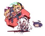  5girls absurdly_long_hair absurdres animal_ear_headphones animal_ears aris_(blue_archive) black_bow black_hair black_hairband black_halo blonde_hair blue_archive blue_eyes blue_necktie blush bow braid cat_ear_headphones cat_ears chibi chibi_only cleaning clenched_teeth commentary_request couch double-parted_bangs fake_animal_ears green_halo hair_between_eyes hair_bow hairband half_up_braid halo headphones highres holding_vacuum_cleaner jacket kei_(blue_archive) kei_(student)_(blue_archive) long_hair long_hair_between_eyes long_sleeves low-tied_sidelocks mechanical_halo midori_(blue_archive) momoi_(blue_archive) multicolored_jacket multiple_girls necktie on_couch open_mouth pink_eyes pink_halo purple_hair rectangular_halo rode_jart short_hair siblings sidelocks simple_background sisters sitting teeth twins two_side_up vacuum_cleaner very_long_hair white_background white_hair white_jacket yuuka_(blue_archive) 
