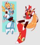  1boy 1girl absurdres android armor blonde_hair blue_eyes boots breasts chest_jewel cinnamon_(mega_man) crossed_arms dot_nose dress forehead_jewel from_side full_body green_eyes hat helmet highres long_hair male_focus mega_man_(series) mega_man_x:_command_mission mega_man_x_(series) milaisadoodles nurse nurse_cap red_armor red_boots red_helmet shadow shoulder_armor simple_background sword sword_on_back weapon weapon_on_back white_armor white_background white_dress zero_(mega_man) 