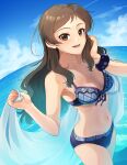  1girl bikini blue_sky breasts brown_eyes brown_hair cloud cloudy_sky condensation_trail day dutch_angle frilled_bikini frills front-tie_bikini front-tie_top highres holding horizon idolmaster idolmaster_million_live! kamille_(vcx68) kitazawa_shiho long_hair looking_at_viewer medium_breasts navel ocean open_mouth outdoors purple_bikini purple_scrunchie scrunchie sky smile solo standing swimsuit veil water wrist_scrunchie 