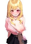  1boy 1girl :o absurdres bag black_skirt blonde_hair blush breasts clothes_pull commentary_request drill-chan heterochromia highres hoshikawa_sara hoshikawa_sara_(8th_costume) jewelry large_breasts necklace nijisanji nipples one_breast_out pink_shirt pov pov_hands shirt shirt_pull shirt_tucked_in shoulder_bag simple_background skirt virtual_youtuber white_background 