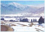  blue_sky border commentary_request day landscape mountain mugumo_24k multiple_unit_train niigata_prefecture no_humans original outdoors real_world_location revision scenery sky snow train tree white_border winter 
