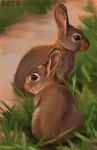  2022 alexpahomov black_eyes brown_body brown_eyes brown_fur digital_media_(artwork) digital_painting_(artwork) duo ears_up feral fur grass hi_res lagomorph leporid mammal painting_(artwork) plant rabbit sand sitting tan_body tan_fur 