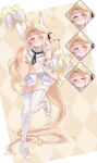  1girl absurdres animal_ears bare_shoulders bird blonde_hair blue_archive blue_necktie blush cheerleader choker closed_eyes commentary_request crop_top elbow_gloves expression_chart extra_ears fox_ears fox_tail full_body gloves grin halo highres holding holding_pom_poms klash leg_up long_hair looking_at_viewer multicolored_skirt navel necktie one_eye_closed open_mouth pleated_skirt pom_pom_(cheerleading) purple_eyes sailor_collar seia_(blue_archive) shirt shoes skirt smile solo tail thick_thighs thighhighs thighs twintails visor_cap white_gloves white_sailor_collar white_shirt white_shoes white_skirt white_thighhighs yellow_halo yellow_skirt 