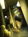  3others ambiguous_gender autobot backrooms_(creepypasta) crossover damaged dark english_commentary facing_up flashlight hazmat_suit highres holding holding_flashlight indoors lying mecha multiple_others on_back optimus_prime pikakaistudios robot science_fiction transformers transformers:_generation_1 twitter_username 
