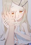  1boy 1girl absurdres blonde_hair camisole chi99tai commentary_request flat_chest gakuen_idolmaster hand_on_another's_face highres holding_hands idolmaster long_hair looking_at_viewer orange_eyes pov shinosawa_hiro smile solo upper_body 