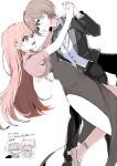  2girls absurdres bang_dream! bang_dream!_it's_mygo!!!!! black_bow black_bowtie black_dress black_jacket black_pants blush bow bowtie brown_eyes chihaya_anon commentary_request dancing dip_(dance_move) dress fang grey_eyes grey_hair hand_on_another's_waist highres holding_hands jacket long_hair multiple_girls open_mouth pants parted_lips pink_hair shirt short_hair side_slit simple_background smile suudori takamatsu_tomori tuxedo vest white_background white_shirt white_vest yuri 