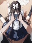  1boy 1girl bow braid commentary_request hair_bow highres long_hair long_sleeves original osana_naruka pentagon_(railgun_ky1206) pleated_skirt pov sailor_collar school_uniform serafuku shirt skirt socks trembling very_long_hair white_bow white_shirt 