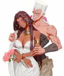  1boy 1girl absurdres armlet bare_shoulders behind_another blue_eyes bracelet breasts brown_hair cleavage collarbone dark-skinned_female dark_skin dress earrings eyeshadow flower grey_pants grin halter_dress halterneck highres holding holding_flower jean_pierre_polnareff jewelry jojo_no_kimyou_na_bouken large_breasts long_hair makeup malena_(jojo) muscular muscular_male pants pink_flower pink_nails pink_rose purple_eyes purple_lips rose silver_hair simple_background single_strap sleeveless smile spaghetti_strap stardust_crusaders teeth usekh_collar veela white_background white_dress 